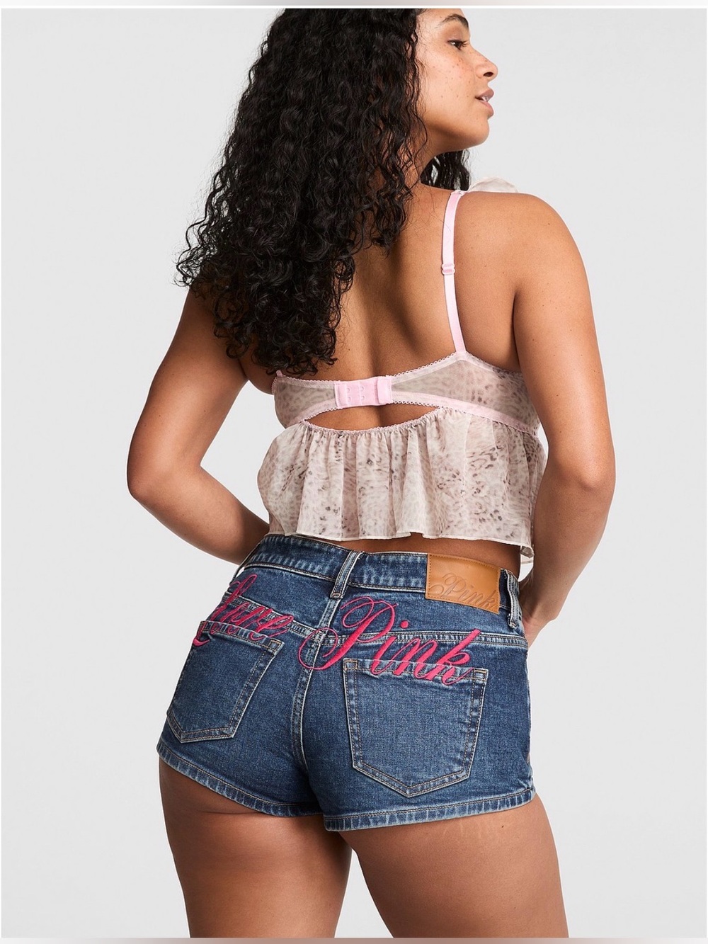 VS PINK Super Dark Wash Embroidered Love Pink Mid-Rise Cheeky Shortie Size 12